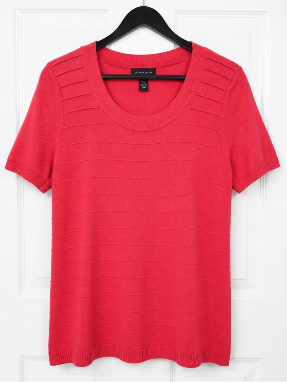 Cable & Gauge Coral Pink Ribbed Panelling Short Sleeve Knit Top Sz XL